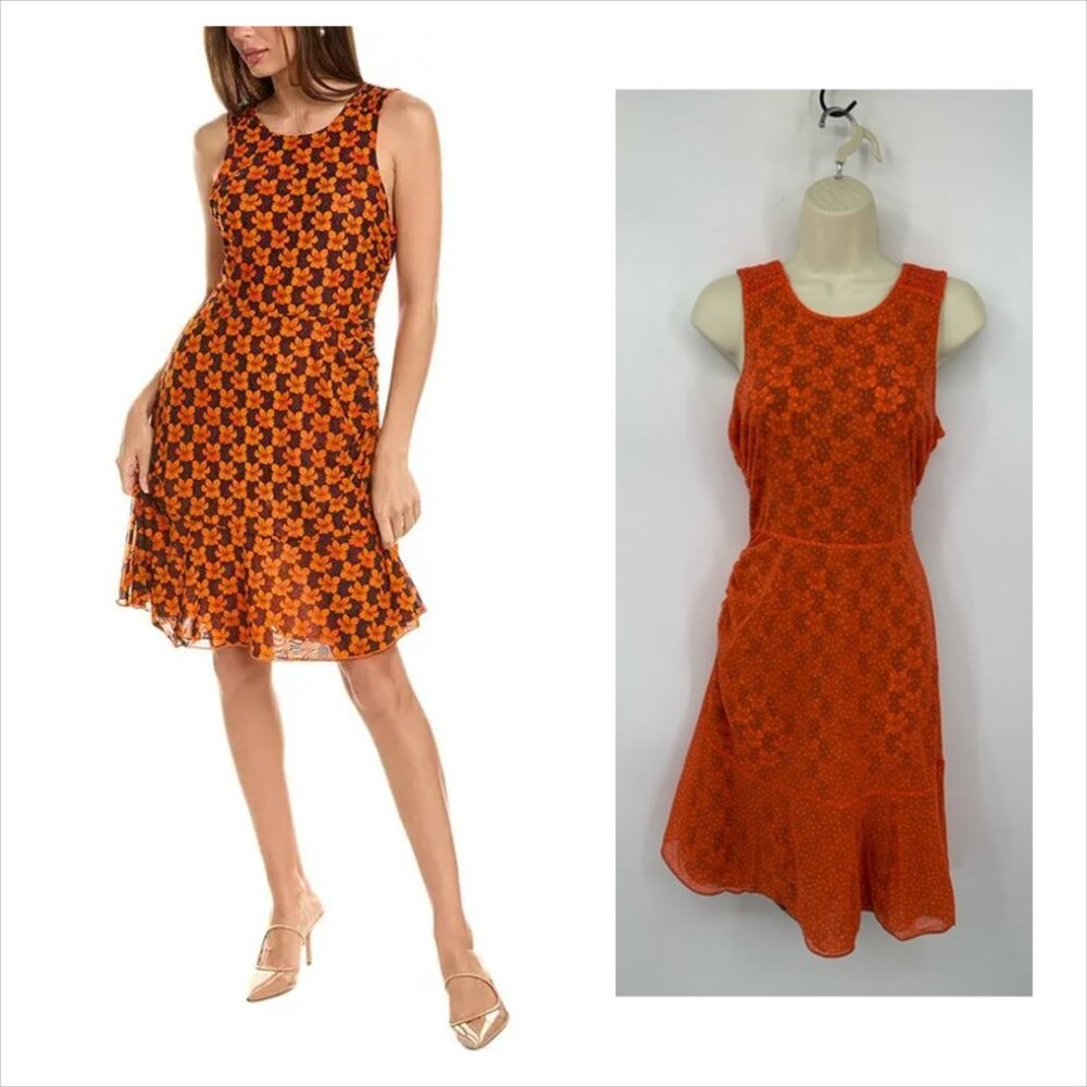 CAbi Flip reversible mesh shift dress orange floral dot ruching stretch new L